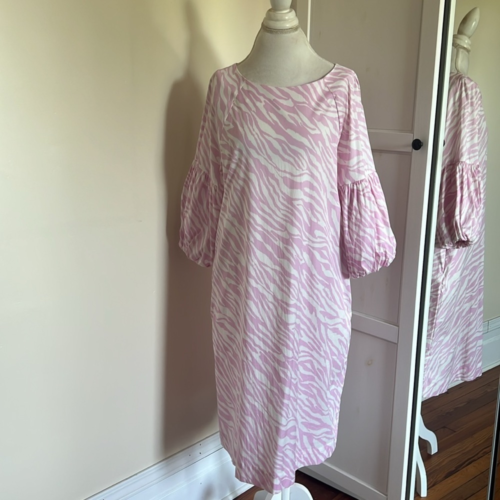 Chico's Pink and White Zebra Print Balloon Sleeve Mid Dress Chico's Size 2=12/14 - Picture 3 of 10